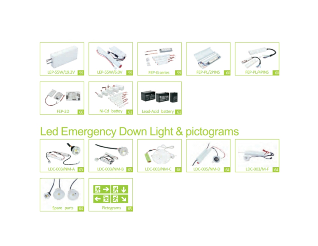 Emergency Power Pack and Led Emergency Down Light & pictograms